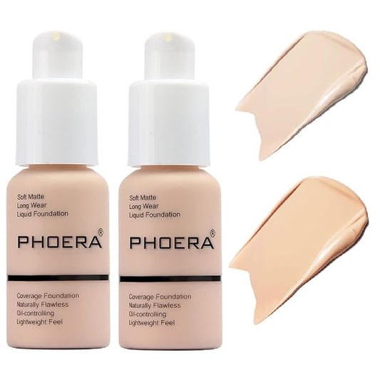 2 Pack PHOERA Foundation Makeup For Older Women,Flawless Soft Matte Liquid Foundation 24 HR Oil Control Concealer Foundation Makeup(101 Porcelain+102 Nude)-BrightBean Baby