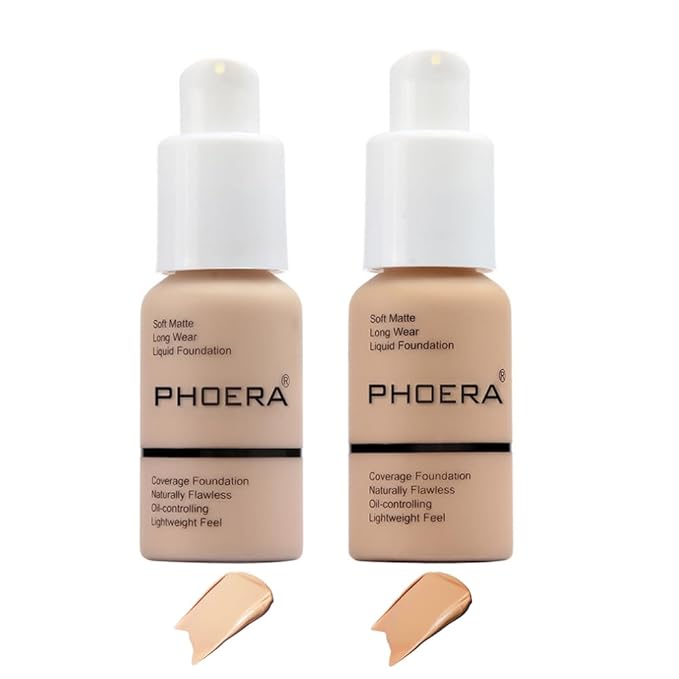2 Pcs Phoera Foundation Makeup 102 and 104 Liquid Full Coverage 24HR Matte Oil Control Foundation Makeup Concealer (Nude & Buff Beige) with Kabuki Foundation Brush Flat Top-BrightBean Baby