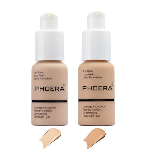 2 Pcs Phoera Foundation Makeup 102 and 104 Liquid Full Coverage 24HR Matte Oil Control Foundation Makeup Concealer (Nude & Buff Beige) with Kabuki Foundation Brush Flat Top-BrightBean Baby
