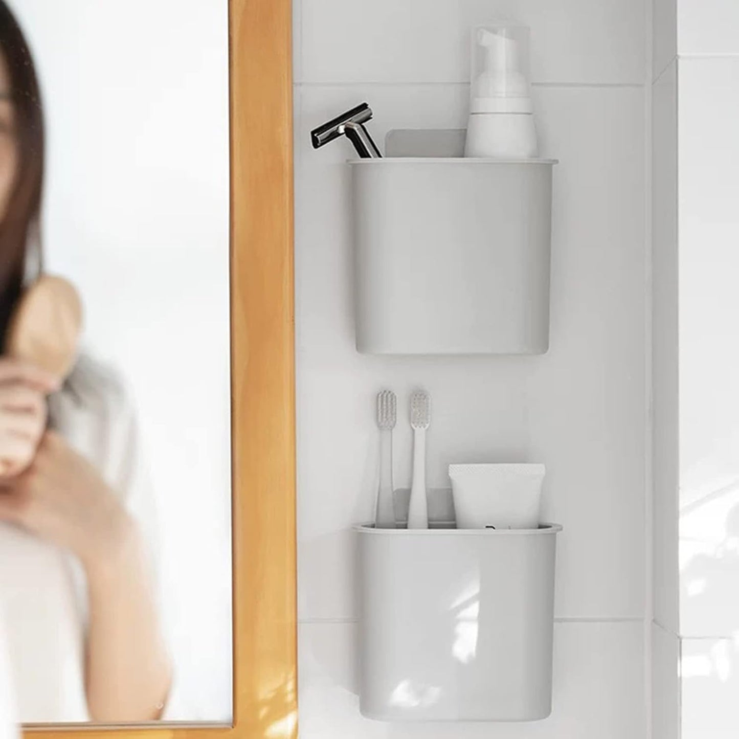 2 Packs Toothbrush Holders Wall Mounted, Self Adhesive Tooth Brush Holder for Bathroom Electric Toothbrush Toothpaste Razor Bathroom Accessories(Grey-BrightBean Baby