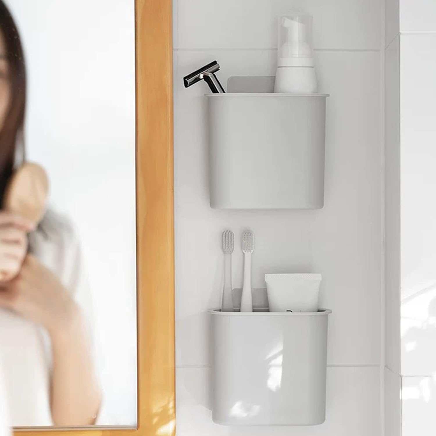 2 Packs Toothbrush Holders Wall Mounted, Self Adhesive Tooth Brush Holder for Bathroom Electric Toothbrush Toothpaste Razor Bathroom Accessories(Grey-BrightBean Baby