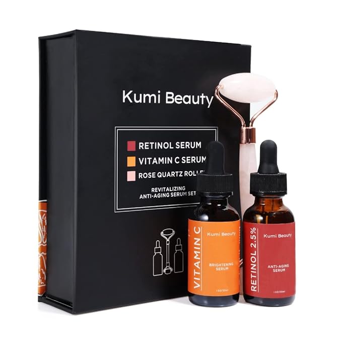 Kumi Beauty. K-Beauty Serums ~ 3 in 1 Gift Box ~ ||| Set: 2 Face Serums (Vitamin C + Retinol) + 1 Rose Quartz Roller.-BrightBean Baby