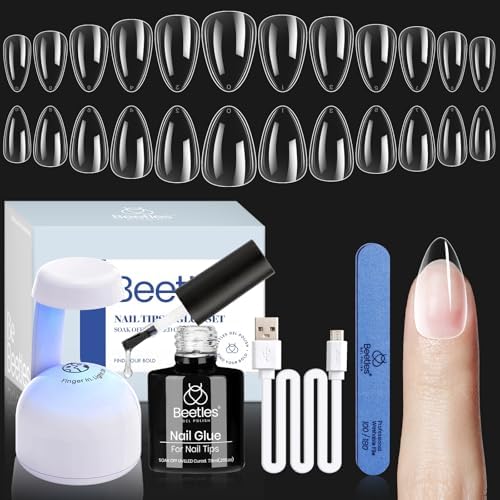 Beetles Gel Nail Kit, Short Almond Nail Tips Easy Extension Set 240 Pcs Pre Shaped Clear Full Cover Fake Nails Tips with 5 In 1 Nail Glue Uv Led Lamp DIY Manicure Gifts for Women-BrightBean Baby