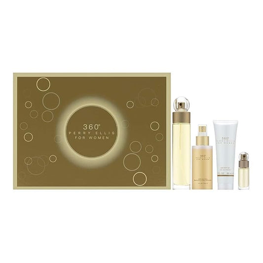 Perry Ellis 360 Women 3.4oz EDT Spray, 4oz Body Mist Spray, 3oz Shower Gel, 0.25oz EDT Spray 4 Pc Gift Set-BrightBean Baby