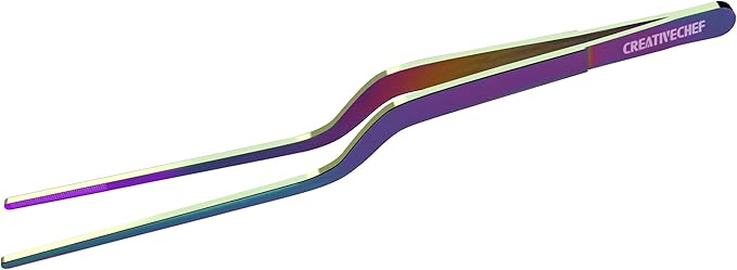 CREATIVECHEF 8 Inch Curved Stainless Steel Precision Kitchen Cooking Multi-function Tweezers Culinary Offset Tweezer Tongs (Curved, color)