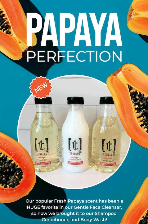 Teenology Shampoo for Teens - Avoid Forehead and Body Acne - No Sulfates or Parabens, Noncomedogenic, Natural Botanical Extracts, 16 oz. (Fresh Papaya)-BrightBean Baby