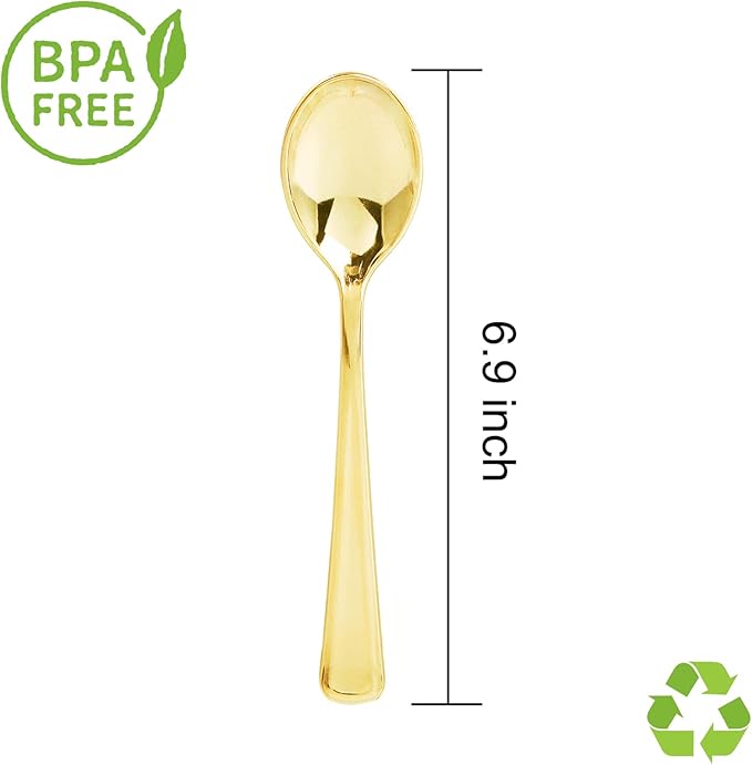 Liacere 200 Pack Gold Plastic Spoons - 6.7 inch Heavy Duty Plastic Spoons - Heavyweight Gold Disposable Spoons for Parties & Weddings & Restaurants & New Year & Fall Decor