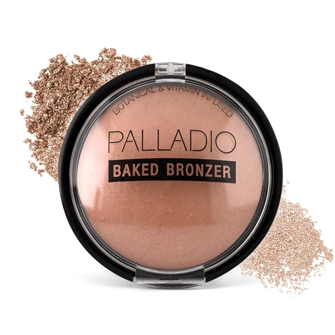 Palladio Baked Bronzer, Highly Pigmented and Easy to Blend, Shimmery Bronzed Glow, Use Dry or Wet, Lasts all day long, Provides Rich Tanning Color Finish, Powder Compact, Atlantic Tan-BrightBean Baby