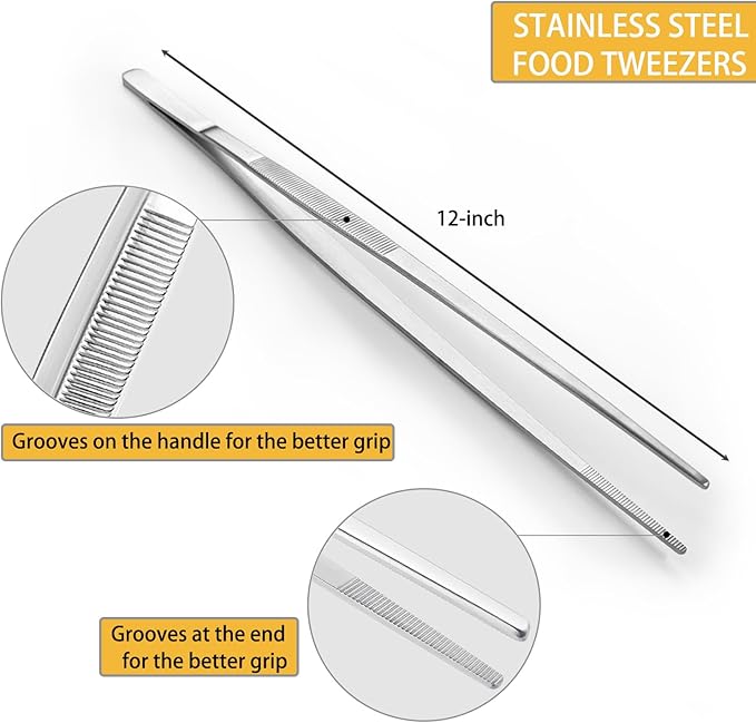 JETKONG 12 Inch Kitchen Tweezers Cooking Tweezer Tongs, Stainless Steel Food Tweezers Multi-function Precision Serrated Tips Kitchen Serving Tong