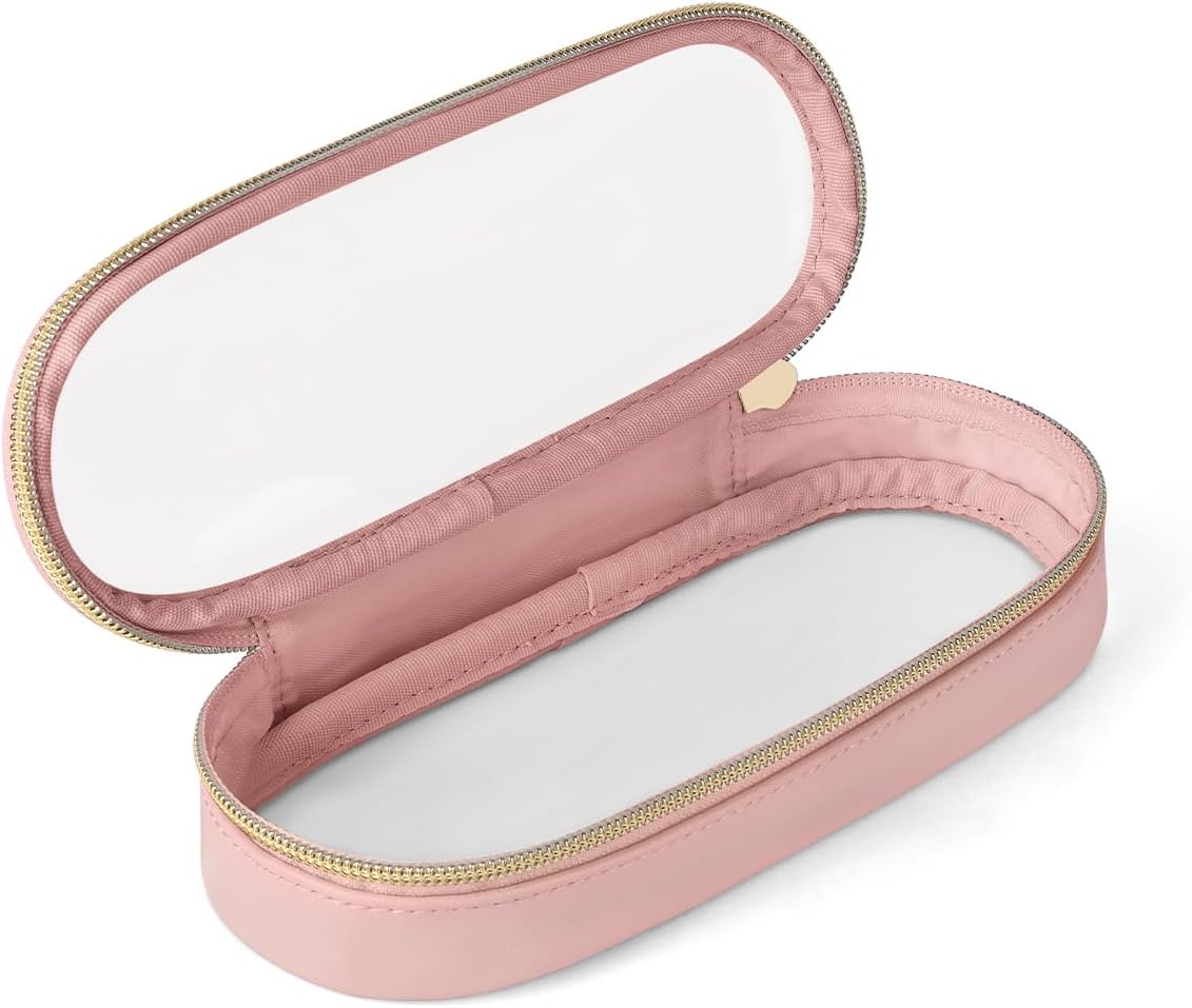 Clear Travel Makeup Brush Holder, Leather Makeup Brush Toiletry Bag, Portable Cosmetic Brush Case, Transparent Waterproof Makeup Brush Storage Bag, Pink, Large-BrightBean Baby