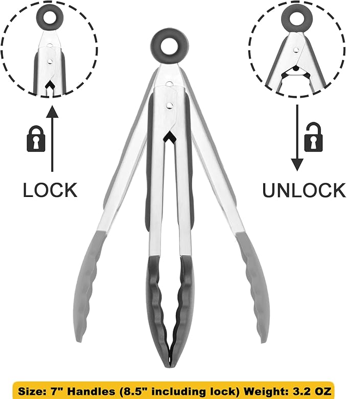 Mini Tongs with Silicone Tips 7-Inch Kitchen Tongs, Set of 3 (Black)