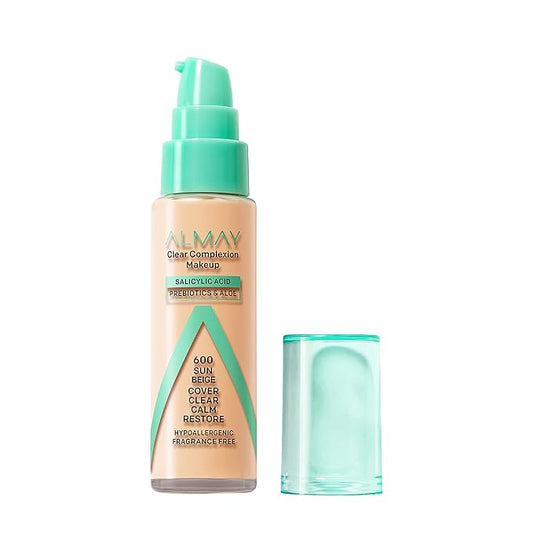 Almay Clear Complexion Acne Foundation Makeup with Salicylic Acid - Lightweight, Medium Coverage, Hypoallergenic, Fragrance-Free, for Sensitive Skin, 600 Sun Beige, 1 fl oz.-BrightBean Baby