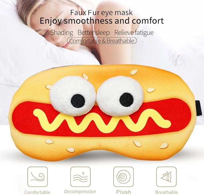 PERFECTSIGHT Sleep Eye Masks, Cute Plush Sleep Eye Cover Lightweight Adjustable Eyeshade Faux Fur Mask Cover for Women Men Sleep Travel Nap (Hotdog)-BrightBean Baby
