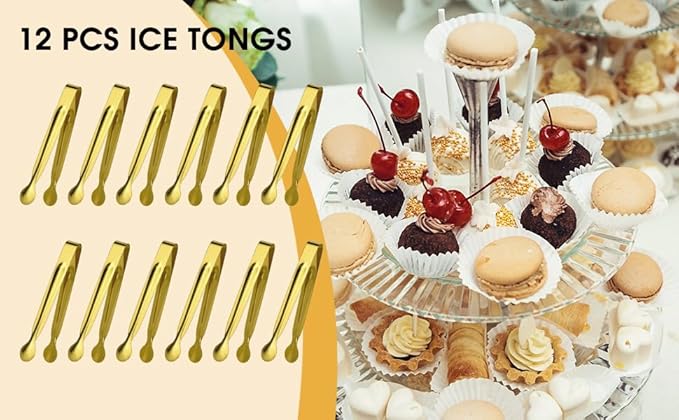 Small Serving Tongs,Ice Tongs,Sugar Tongs,Kitchen Tiny Tongs for Appetizers,Golden,12 PCS(6.3 Inch)