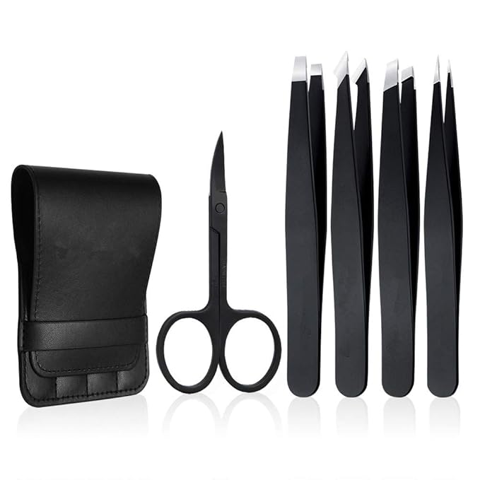 Tweezers Set 5-Piece - Professional Stainless Steel Tweezers with Curved Scissors, Best Precision Tweezer for Eyebrows, Splinter & Ingrown Hair Removal with Leather Travel Case (Black)-BrightBean Baby