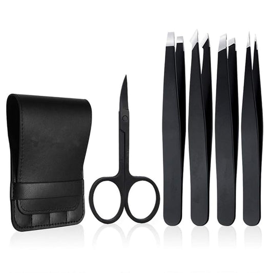 Tweezers Set 5-Piece - Professional Stainless Steel Tweezers with Curved Scissors, Best Precision Tweezer for Eyebrows, Splinter & Ingrown Hair Removal with Leather Travel Case (Black)-BrightBean Baby