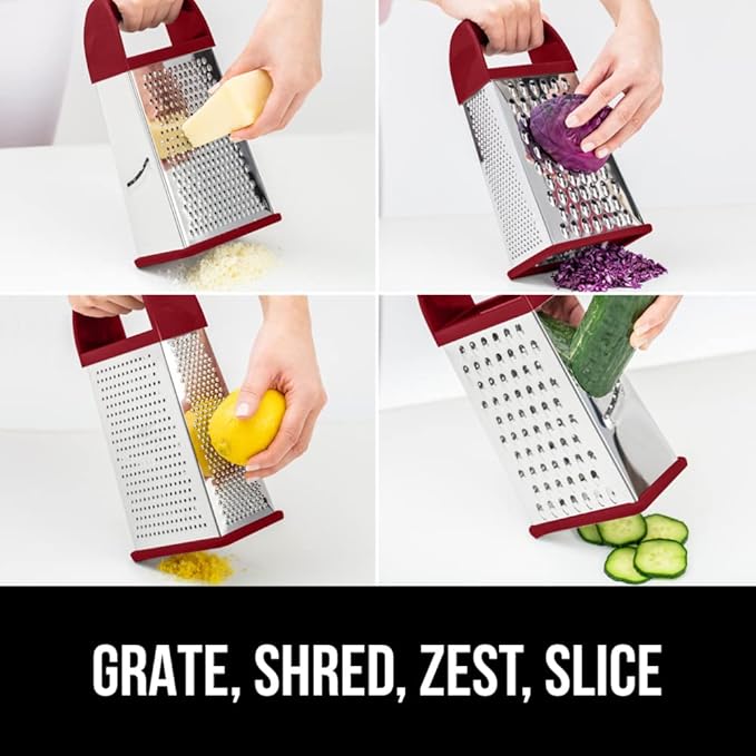 GORILLA GRIP 4-Sided 100% BPA-Free Cheese Grater With Container, Stainless Steel XL Box Graters, Parmesan Shredder, Grate Cheeses, Shred Veggies, Slip Resistant Handle, Dishwasher Safe Zester, Red