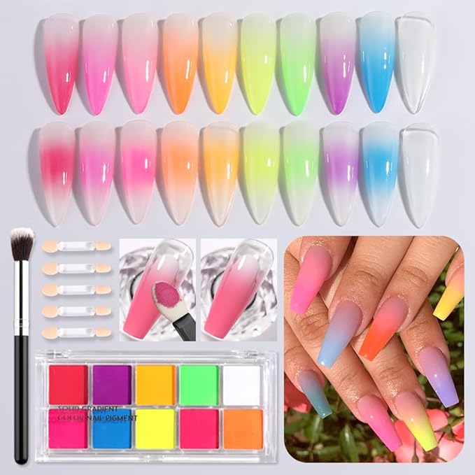 Neon Phosphor Nail Powder Set - 10 Colors, Fluorescent Glitter Gradient, Iridescent Rubbing Dust, Ombre Brush for DIY Nail Art-BrightBean Baby