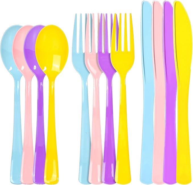 300 Pack Pink Blue Purple Yellow Disposable Plastic Silverware Heavy Duty, Plastic Cutlery Set,Forks and Spoons Knives Set for Birthday Party Prom Night, Weddings, (Macaron Colors)