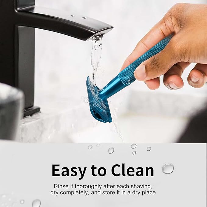Double Edge Safety Razor, Single Blade Razors for Men and Women, with 10 Stainless Steel Safety Razor Blades, Smooth and Close Wet Shaving, Plastic Free, Blue-BrightBean Baby