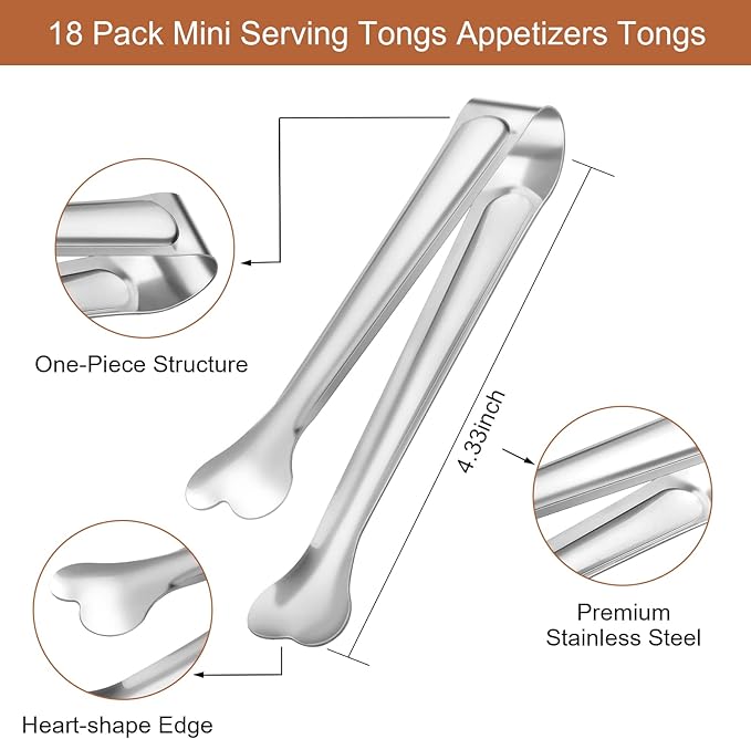 18 Pack Premium Small Serving Tongs, Mini Stainless Steel Appetizer Tongs 4.33Inch Silver
