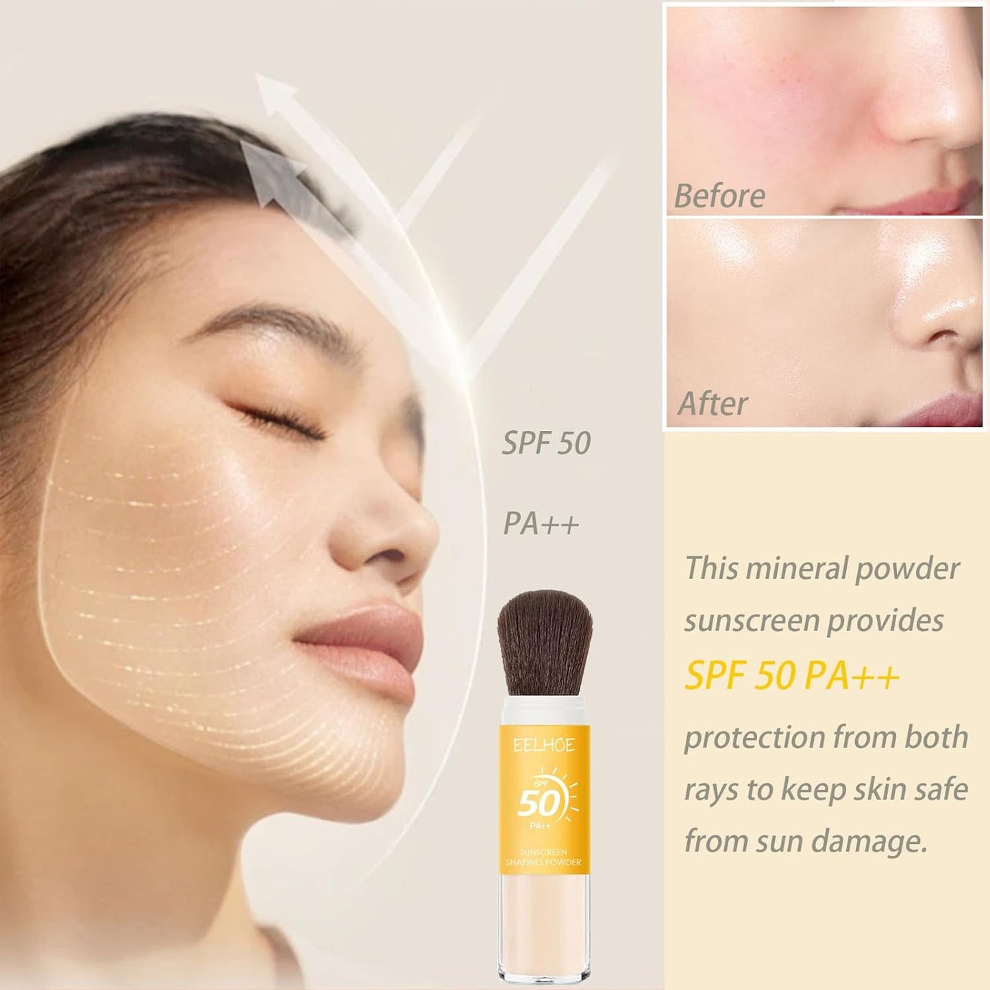 Mineral Sunscreen Setting Powder, SPF 50 PA++ Powder Sunscreen for Face, Oil Control Lightweight Breathable Translucent Concealer Brush Face Powder for All Skin-BrightBean Baby
