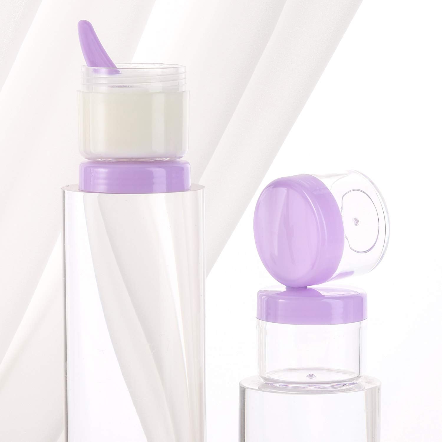 Refillable Cosmetic Sample Jars - 100 Pack 20g (0.7oz) Purple Small Travel Containers with Lids + 10 Mini Makeup Spatulas - BPA Free-BrightBean Baby