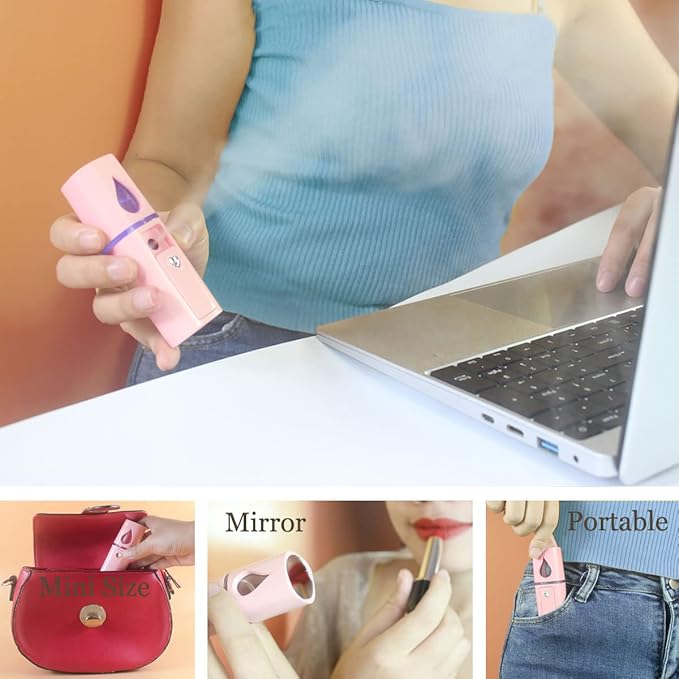Nano Facial Mister Portable Mist Sprayer with Mirror Mini Cool Mist Spray for Skin Care & Facial Body Moisturized & Eyelash Extensions, USB Rechargeable (Pink)-BrightBean Baby
