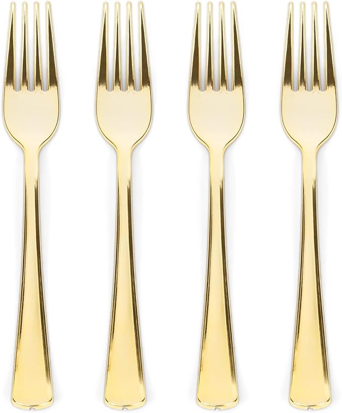 Prestee 100 Gold Plastic Forks - Heavy Duty Elegant Disposable Utensils - Fancy Plastic Silverware for Weddings and Holidays - Heavyweight 7 Inch Forks for Special Occasions