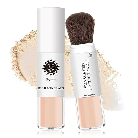 Mineral Sunscreen Setting Powder Mineral Brush Powder SPF 35 PA+++ Oil Control Matte Effect Lightweight Breathable Translucent Powder Setting Powder Sunscreen Makeup for Face with Brush - 02 Fair-BrightBean Baby
