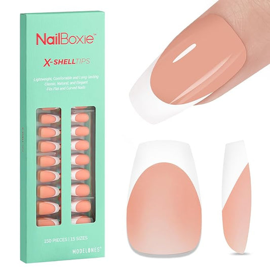 modelones French Tip Press on Nails, 150Pcs Short Coffin Fake Nails with Nail Box, Deep Nude Gel Nail Tips for Women, Soft Glue-On Nails for Natural Salon Look, DIY Nail Art Kit (15 Sizes)-BrightBean Baby