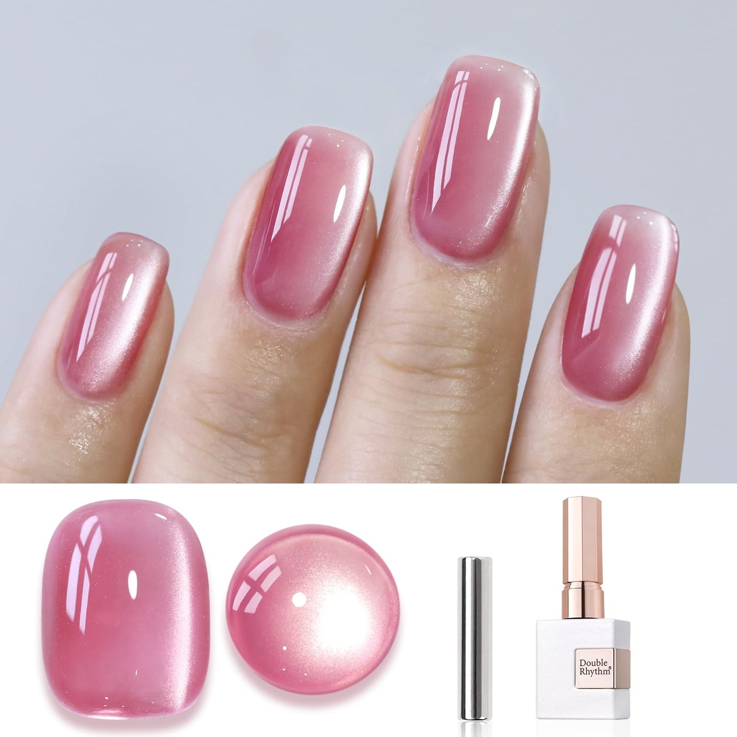Double Rhythm Jelly Glass Cat Eye Gel Polish with Magnet 15ML Holographic Glitter Shimmer Translucent Sheer Color Magnetic Nail Polish Salon DIY at Home (Jelly Pink-MC1105)-BrightBean Baby
