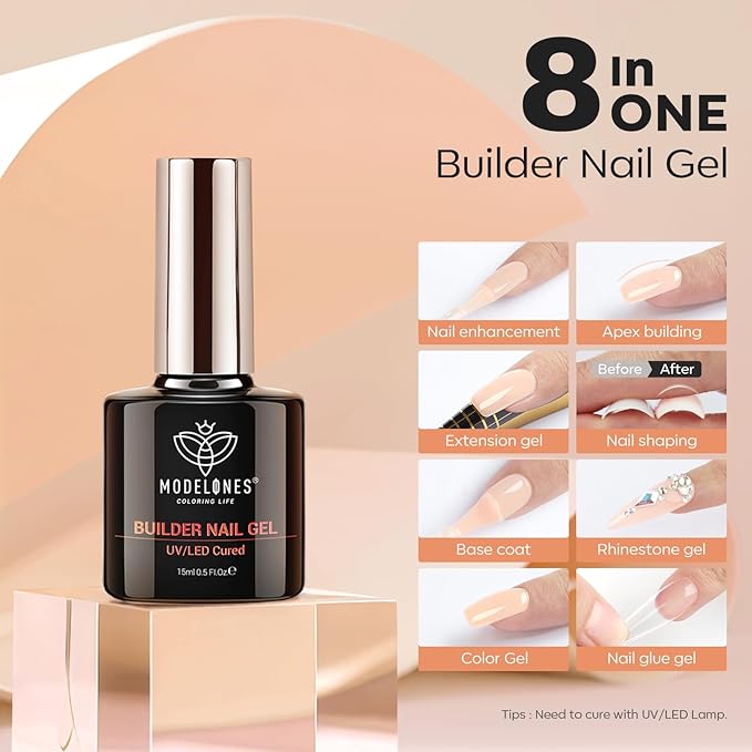 modelones Builder Nail Gel, 8-in-One Gold Shimmer Builder, Champagne Sparkle Glitter Rubber Color Base Gel Polish LED Lamp Cured, Apex Building Strengthener Extension for Home DIY Salon Girls-BrightBean Baby