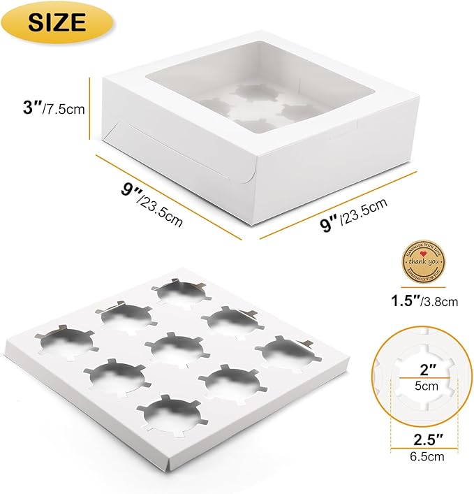 16 Sets of 9-Count White Cupcake Boxes with Window and Insert, 9x9x3 Inch, Suitable for Cupcakes, Muffins, and Cookies