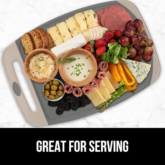 GORILLA GRIP BPA-Free Reversible Kitchen Cutting Board Set of 3, US Designed, Nonporous, Juice Grooves Catch Liquid, Slip Resistant Border, Dishwasher Safe, Durable Food Chopping Boards, Almond Gray