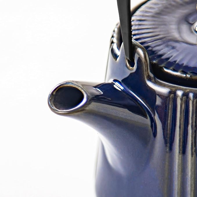 Yundu Deep Blue Ceramic Teapots, 1000ml/33.8oz Tea Kettle, Enough for 4 Cups, Tea pot with infusers for loose tea, Striped Tea Pot with Removable Tea infuser