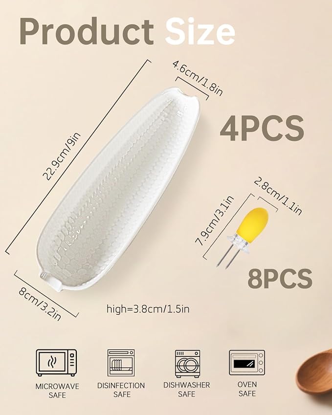 Ceramic Corn Cob Holders, 9" Corn on the Cob Dishes Set of 4, White Corn Cob Dishes with Non-Slip Bottom, With 8 Corn Cob Holders, Microwave Dishwasher Oven Safe