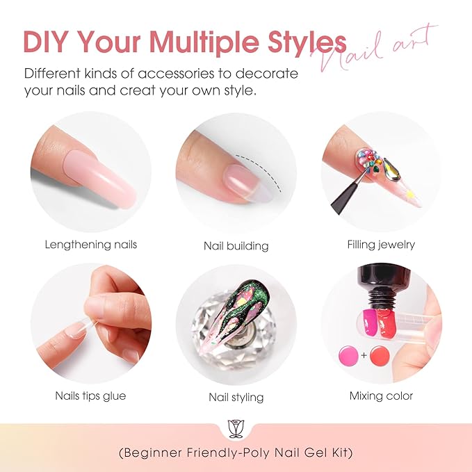 ROSALIND 8PCS Poly Nail Gel Kit with Mini Nail Lamp Clear Nude Purple Brown Poly Extension Gel Kit Mini Starter Kit-BrightBean Baby