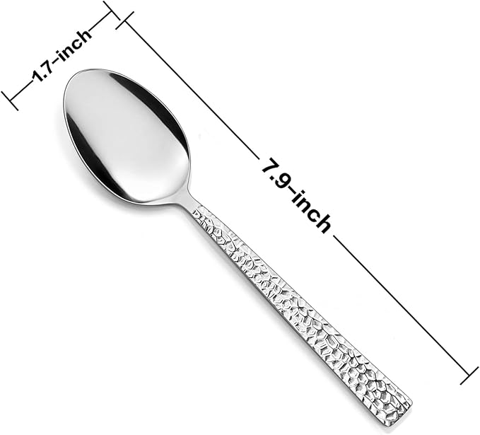 Hammered Dinner Spoons Set of 6, E-far 7.9 Inch Stainless Steel Soup Spoons Tablespoons for Home, Kitchen or Restaurant, Non-toxic & Mirror Polished, Squared Edge & Dishwasher Safe
