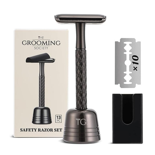 Double Edge Safety Razor for Men with Stand and Silicone Cover - Durable Metal Eco-Friendly Single Blade Safety Razor with 10 Blades - Closed Smooth Shave Matte Black-BrightBean Baby