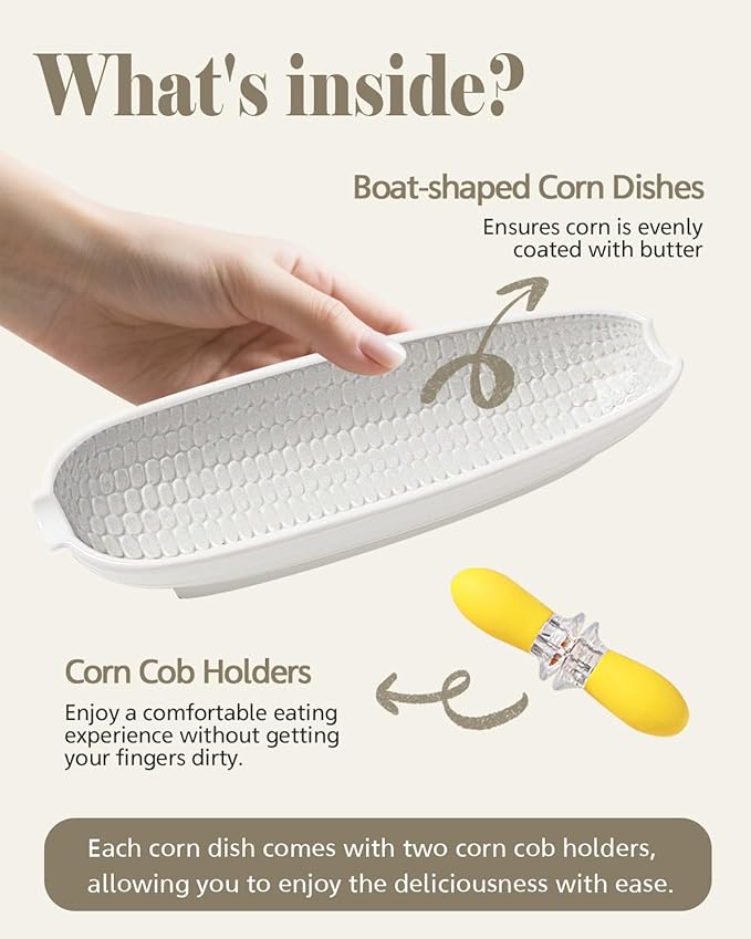 Ceramic Corn Cob Holders, 9" Corn on the Cob Dishes Set of 4, White Corn Cob Dishes with Non-Slip Bottom, With 8 Corn Cob Holders, Microwave Dishwasher Oven Safe