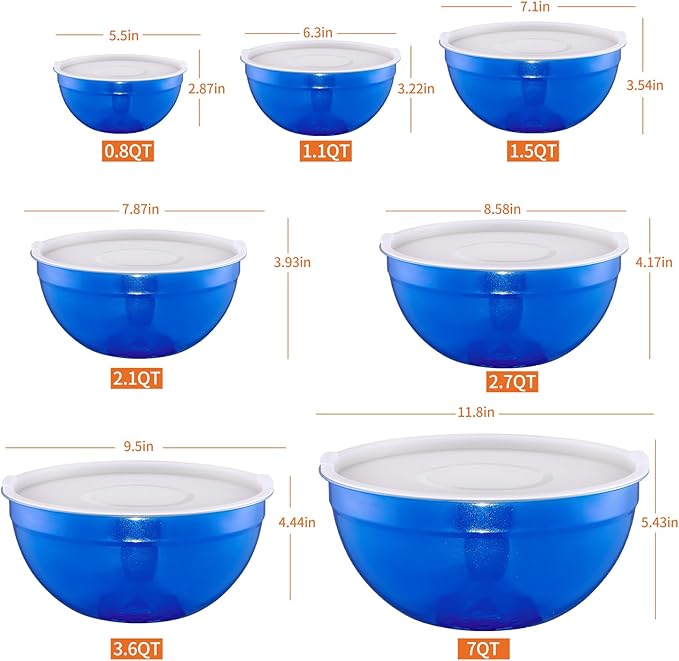 Blue Mixing Bowls with Lids Set of 7, Stainless Steel Nesting Bowl with Khaki Lid for Non-slip Mixing Prepping Storing Serving, 7 Sizes-7/3.6/2.7/2.1/1.5/1/0.8 QT