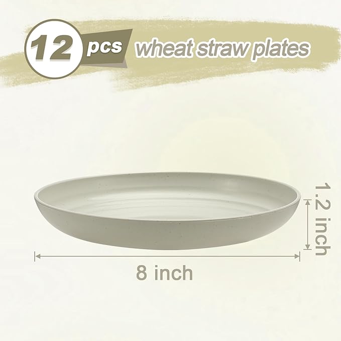 12 Pcs Unbreakable Deep Dessert Plates Set, 8 inch Reusable Plastic Wheat Straw Plates, Microwave and Dishwasher Safe Plate for Kitchen, Lightweight Plate for Dessert, BPA Free, Beige