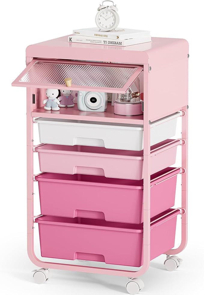 Utility-Rolling-Storage-Drawer-Craft-Cart-Organizers with 4 Drawers & Dust-Proof Door for Kid Craft Art Room,Bedroom,Home Office, Classroom, Rose Pink-BrightBean Baby