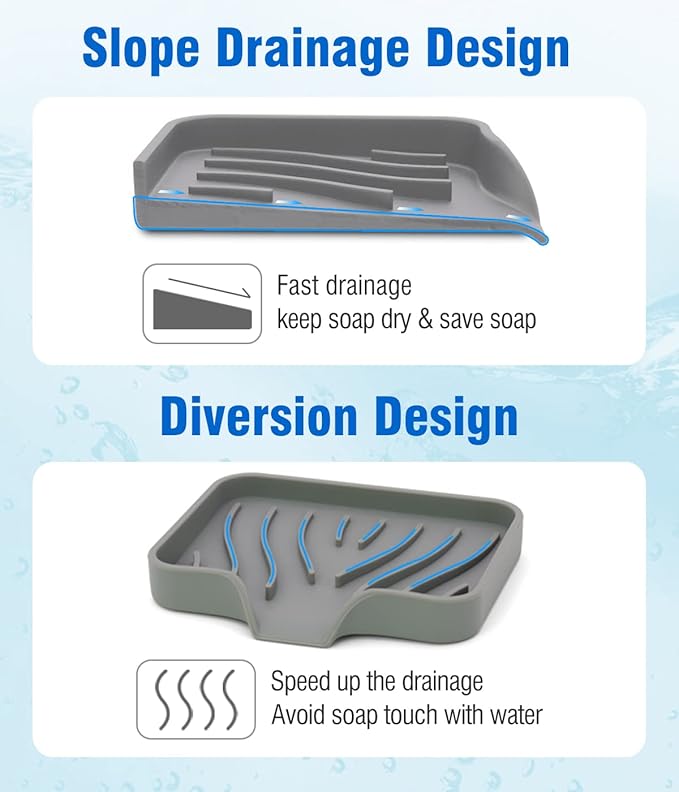 3-Pack Silicone Soap Dish Bar Soap Holder, Self Draining Soap Tray for Shower, Bathroom, Kitchen, Bathtub (Grey)-BrightBean Baby