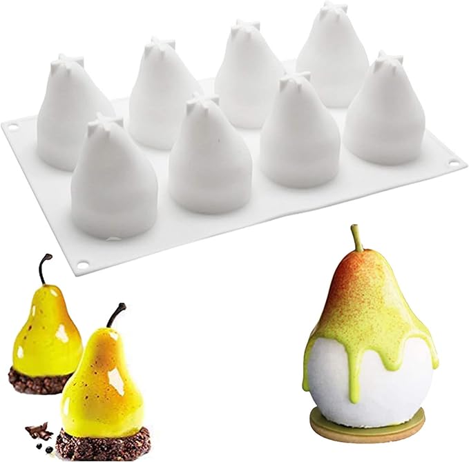 OCPO KITCHEN 3D Pear Silicone Mold for Baking Mousse Cake French Dessert Pastry Chocolate Pudding Cupcake, Non-Stick and Easy Release, Pear Shaped (8-Cavity)