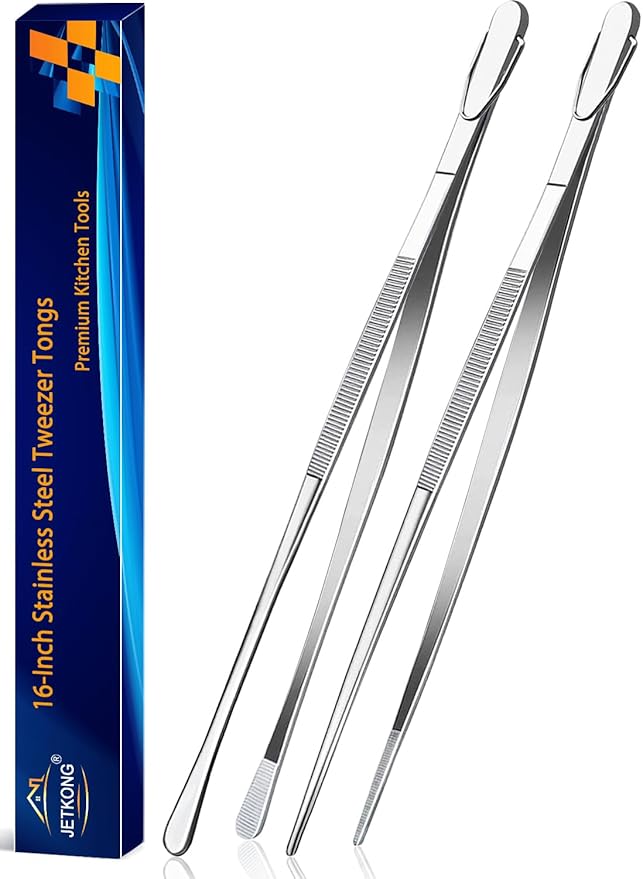 JETKONG 2 Pcs 16-Inch Kitchen Tweezers Extra Long Tweezer Tongs, Heavy Duty Stainless Steel Cooking Tweezers (Silver)