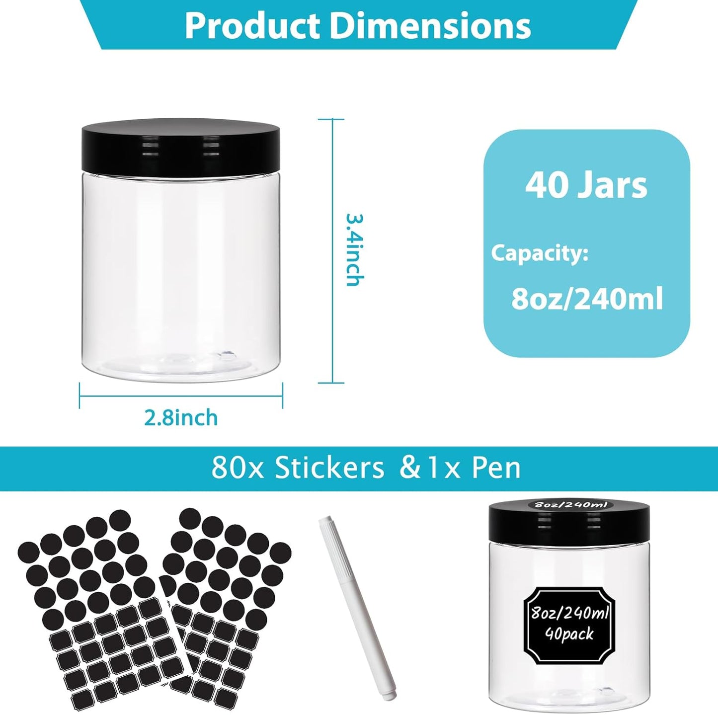 8 oz Clear Plastic Round Jars with Black Lids, 40pcs 8oz 250ml Leak-Proof Wide-Mouth Cosmetic Storage Containers for Slime, Kitchen Use, Beauty Products, Cream, Scrubs, Bath Salt and More-BrightBean Baby