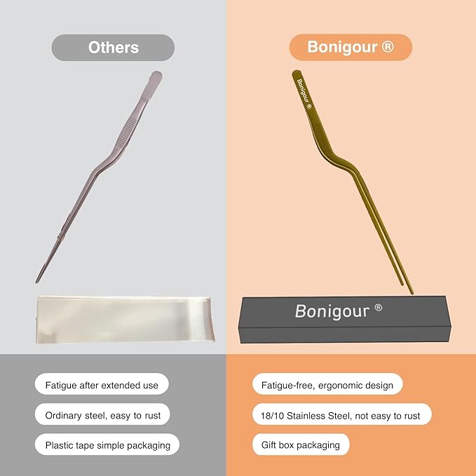 8 Inch Precision Offset Tweezers, Kitchen Culinary Stainless Steel Tongs, Curved Kitchen Cooking Multi-function Chef Precision Tweezer Tongs for Plating, Food Decorating and ect (Gold)