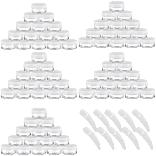 Refillable Cosmetic Sample Jars - 100 Pack 10g (0.35oz) White Small Travel Containers with Lids + 10 Mini Makeup Spatulas - BPA Free-BrightBean Baby